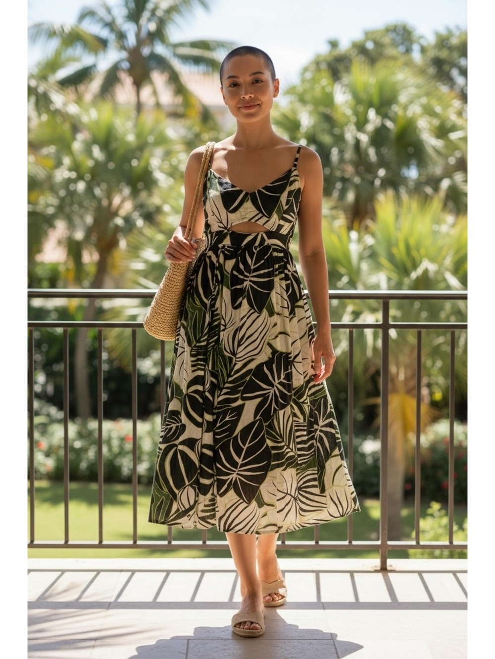Joie Tropical Leaf Cutout Midi Dress - Black, Green & Cream